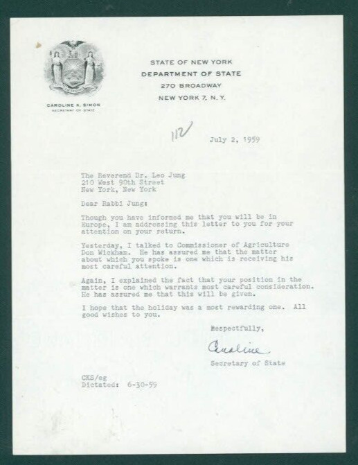 1959 Letter Signed by Caroline K Simon NY Secretary of State to Rabbi Leo Jung 1959 Letter Signed by Caroline K Simon NY Secretary of State to Rabbi Leo Jung