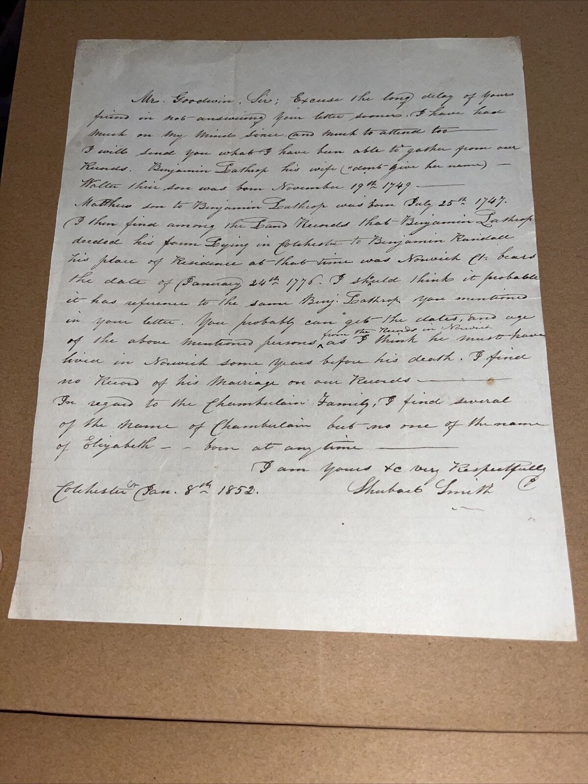 1852 Colchester Letter to Hartford CT Genealogist: Lathrop Randall Chamberlain