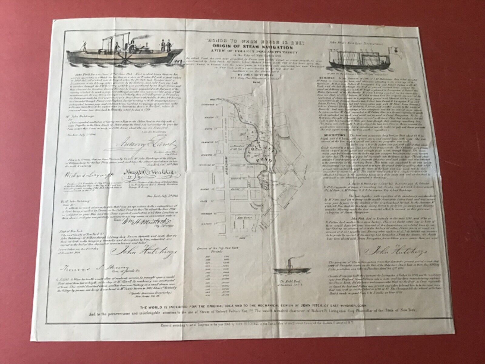 Rare 1846 Broadside 'Origin Of Steam Navigation' By John Hutchins