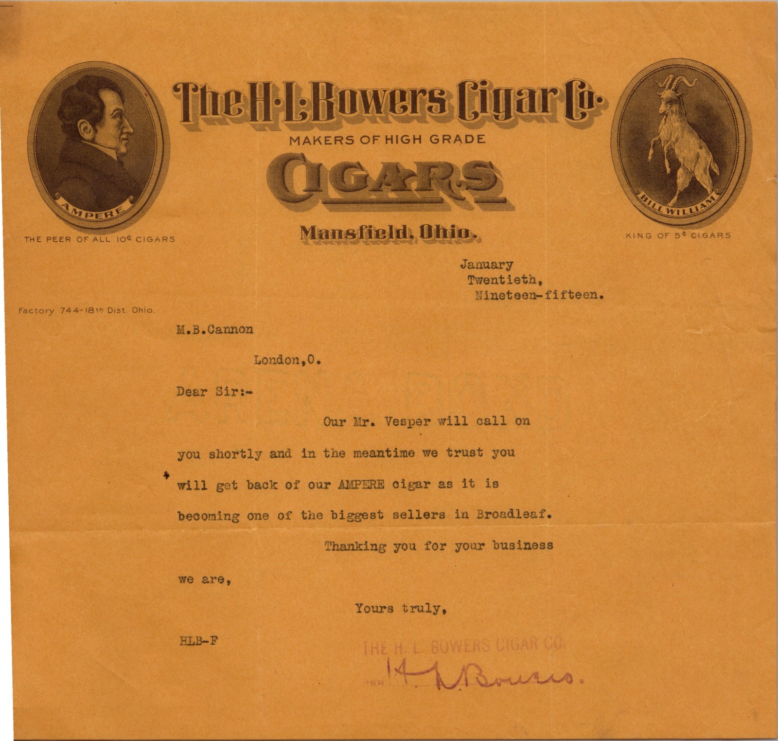 1915 H.L. Bowers Cigar Co Letter Mansfield Ohio Tobacco Trade Broadleaf 1915 H.L. Bowers Cigar Co Letter Mansfield Ohio Tobacco Trade Broadleaf