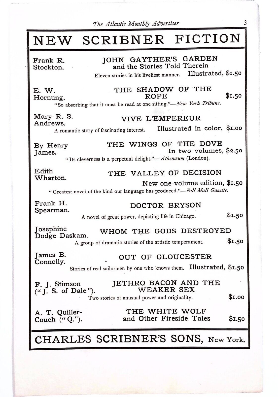 Charles Scribner Fiction Book Advertising The Atlantic Monthly November 1902