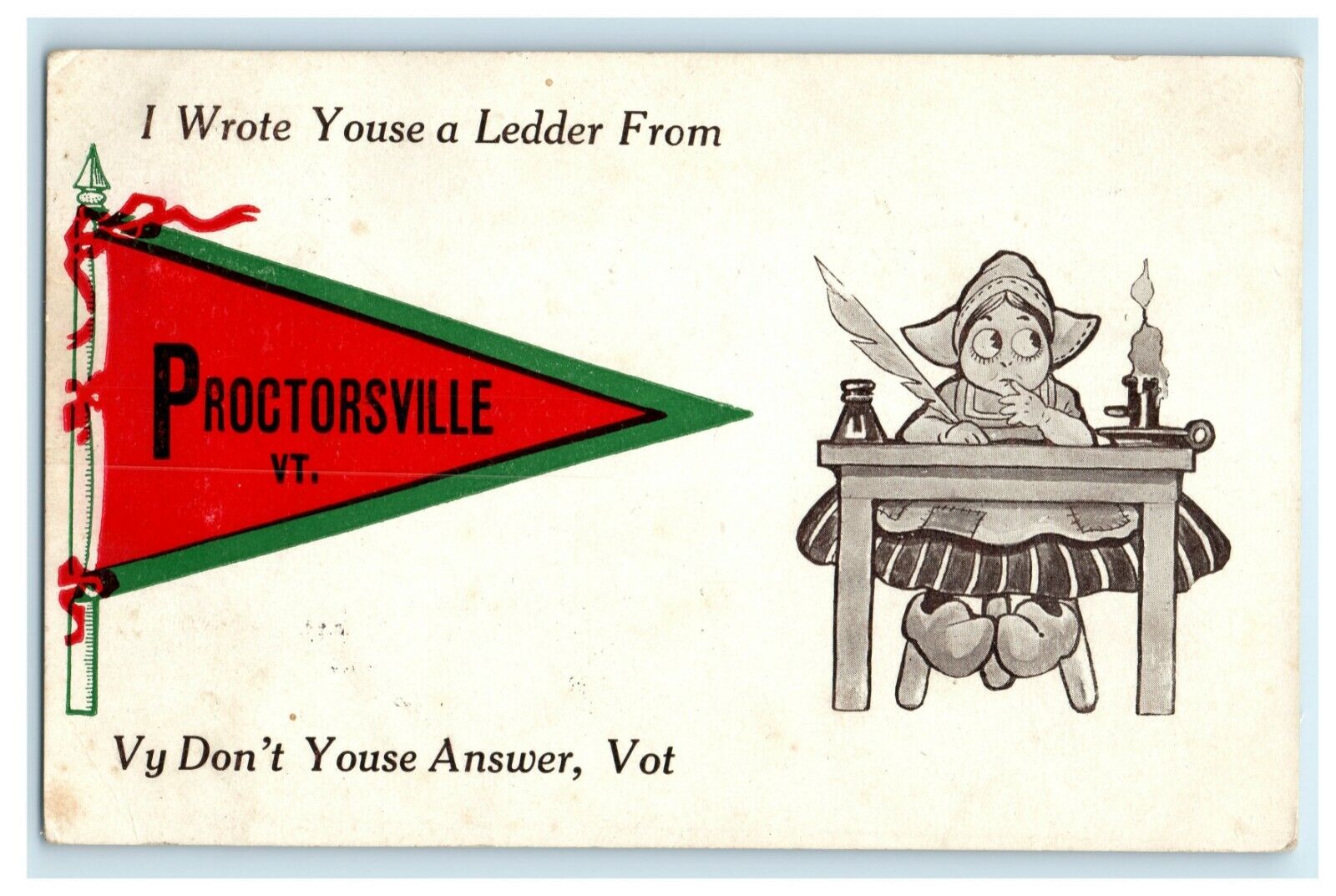 1912 Dutch Girl Greetings From Proctorsville Vermont VT Pennant Postcard