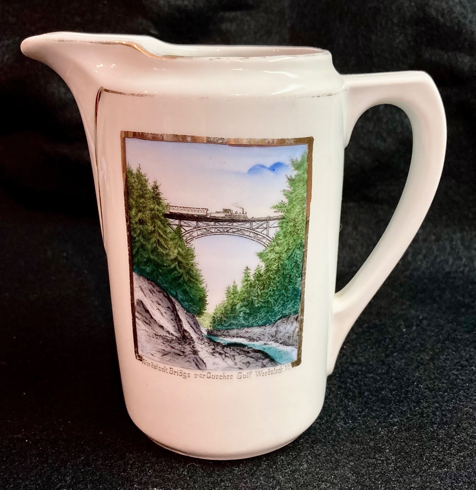 Railway Bridge Over Quechee Gorge VT porcelain souvenir pitcher, for W.D. Cabot Railway Bridge Over Quechee Gorge VT porcelain souvenir pitcher, for W.D. Cabot