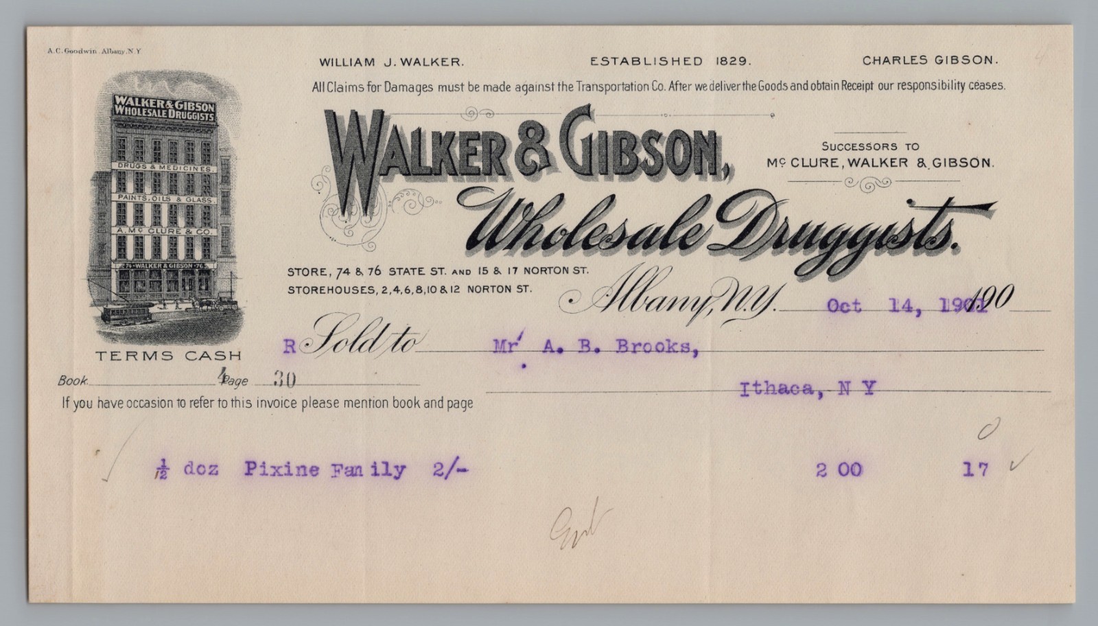 1890 Walker & Gibson Wholesale Druggists Albany NY Antique Billhead Invoice 1890 Walker & Gibson Wholesale Druggists Albany NY Antique Billhead Invoice