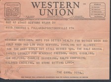 1949 Western Union Telegram New York to Proctorsville VT Vintage Ephemera picture