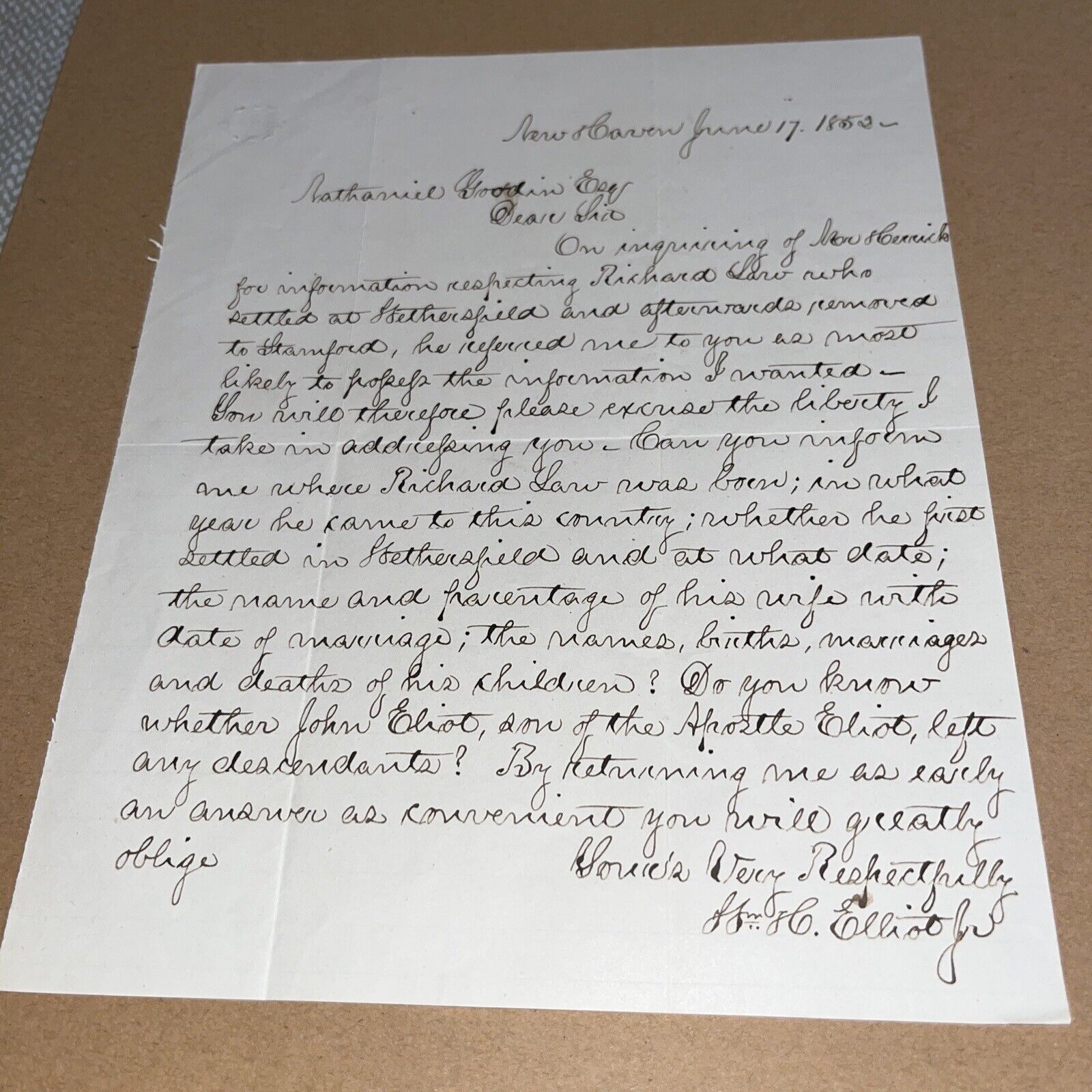1852 Letter to Famous Hartford CT Genealogist on Richard Law Stamford Genealogy