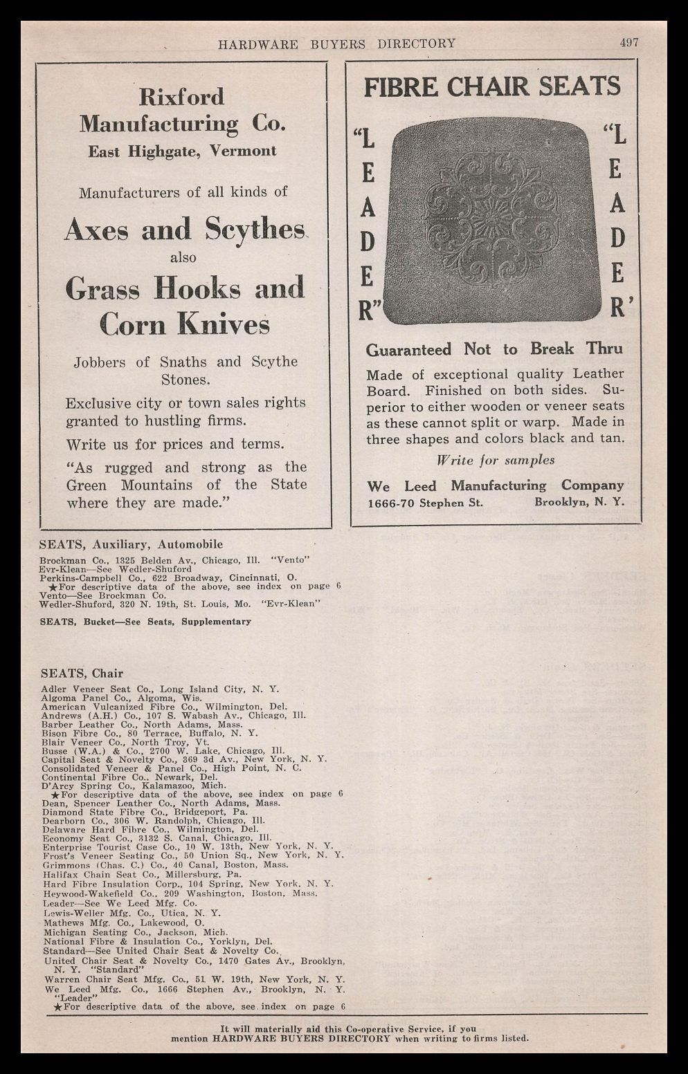 1922 Rixford East Highgate Vermont Axes Scythes Grass Hooks Corn Knives Print Ad