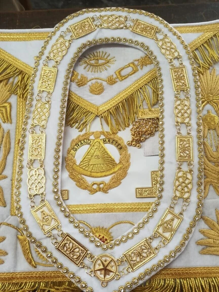 Masonic Grand Master Apron & Chain Collar Handmade Gold Bullion White Velvet