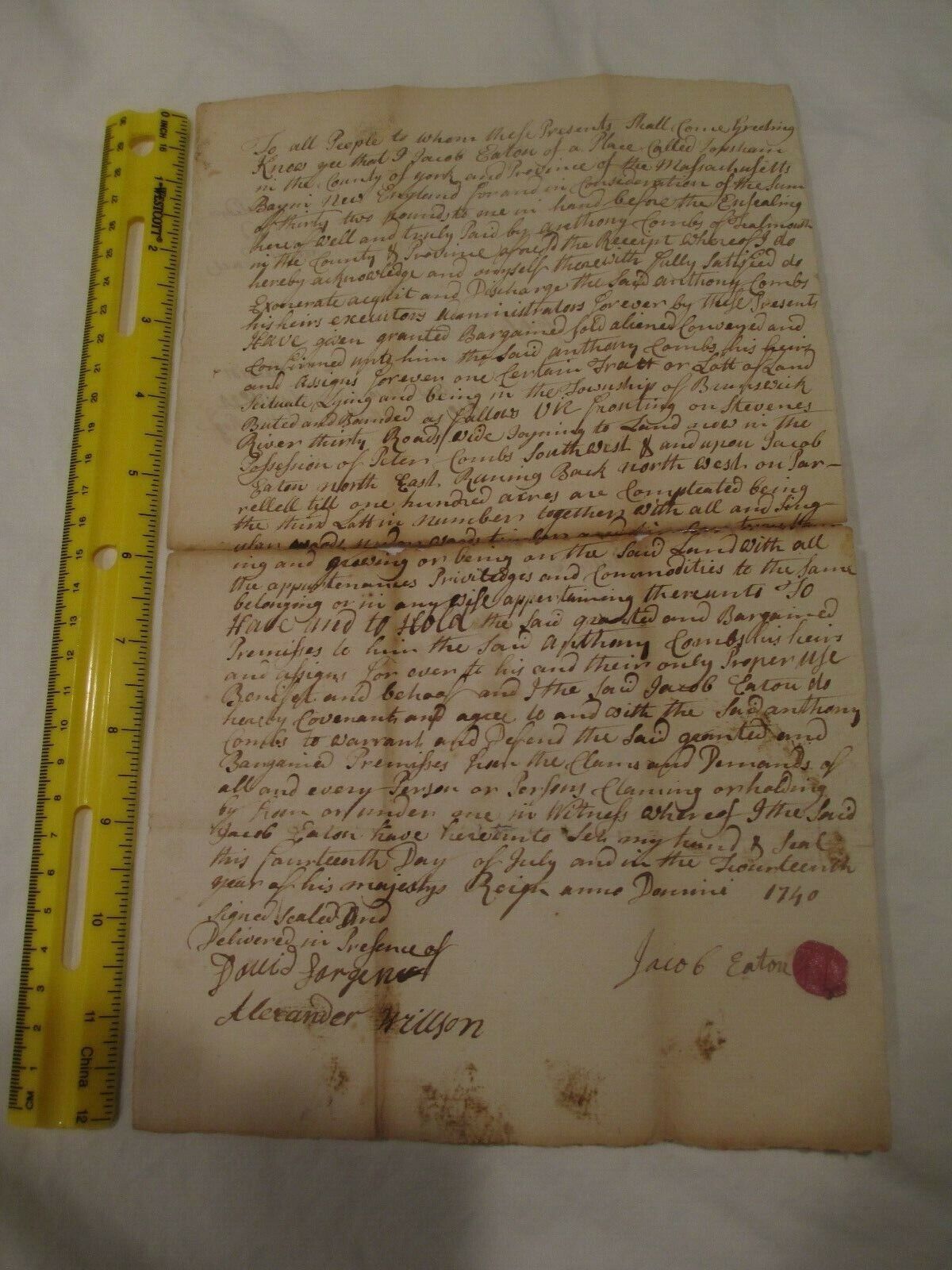 1740 Brunswick Maine Anthony Combs Coombs Family deed Falmouth Topsham Eaton