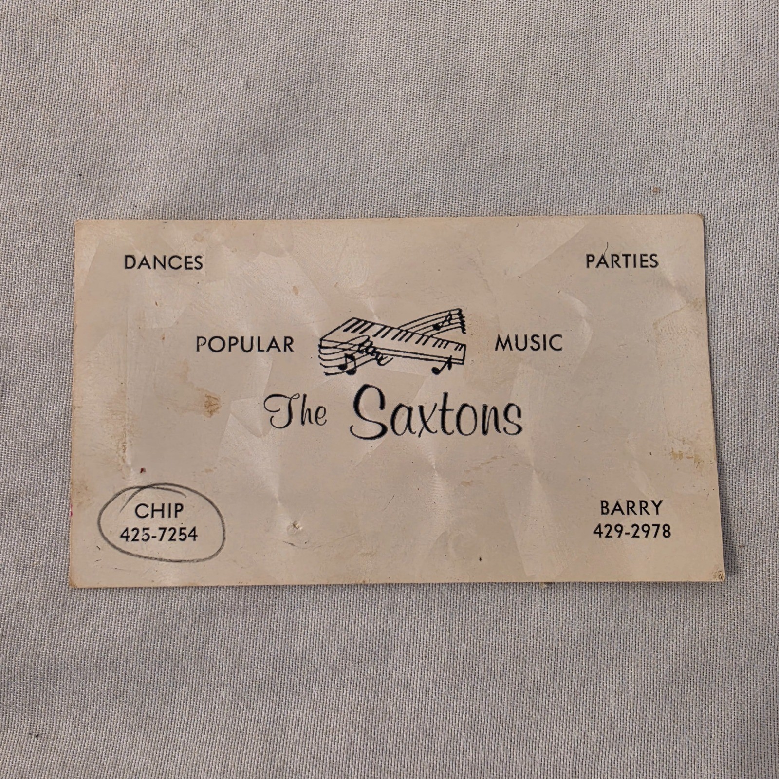 Vintage The Saxtons Popular Music Band Business Card Ephemera Chip Barry