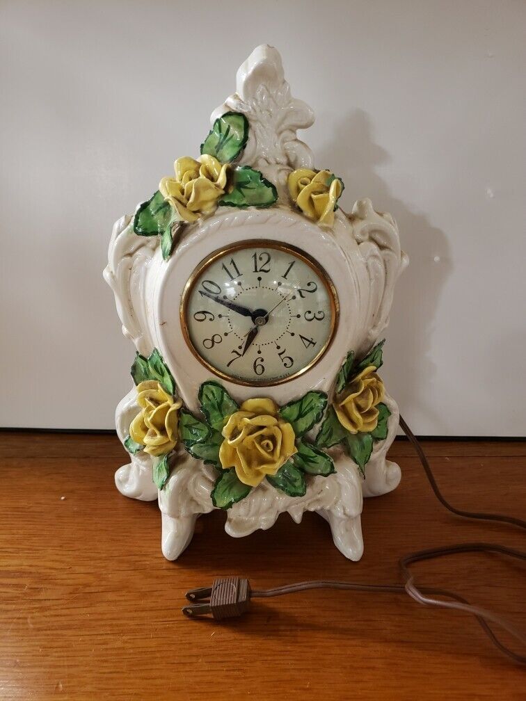 Vintage Holland Mold Ceramic Yellow Floral Motif Electric Clock - Works