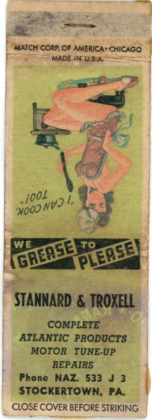 Stannard & Troxel, Motor Tune-up Repairs, Cooking Woman Vintage Matchbook Cover