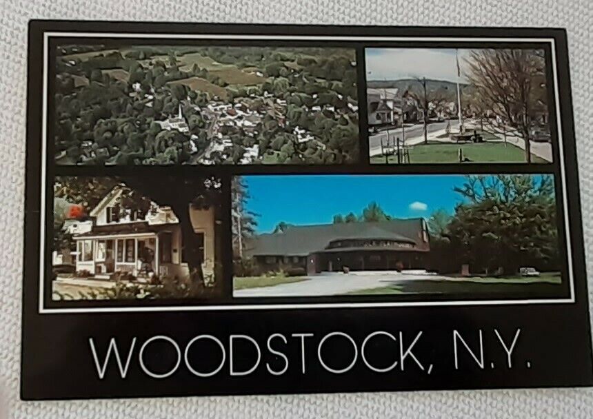 POSTCARD - WOODSTOCK, NY - 4 VIEWS (AERIAL, PLAYHOUSE, GEN. STORE, VILLAGE GREEN