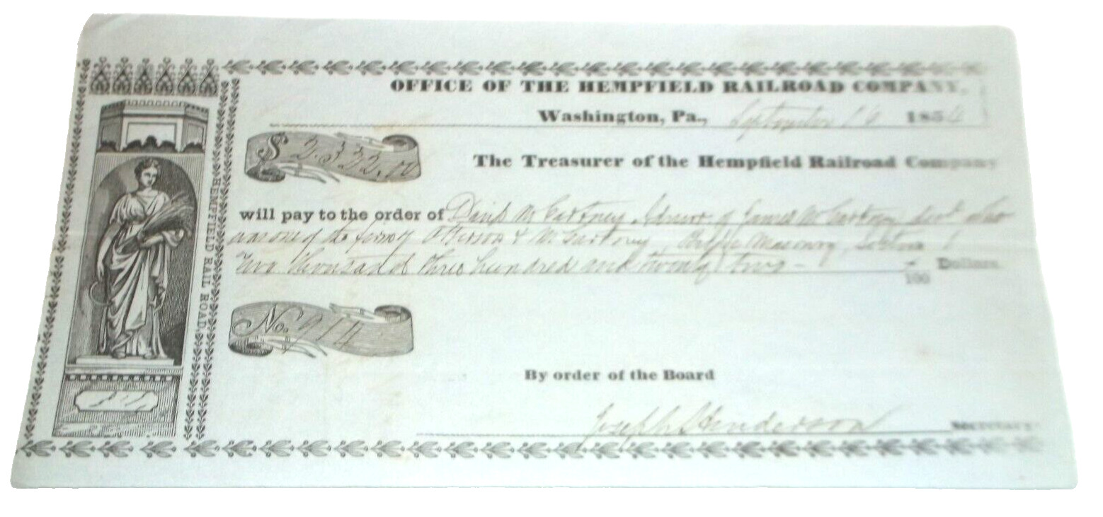 SEPTEMBER 1854 HEMPFIELD RAILROAD WASHINGTON PENNSYLVANIA COMPANY CHECK B&O