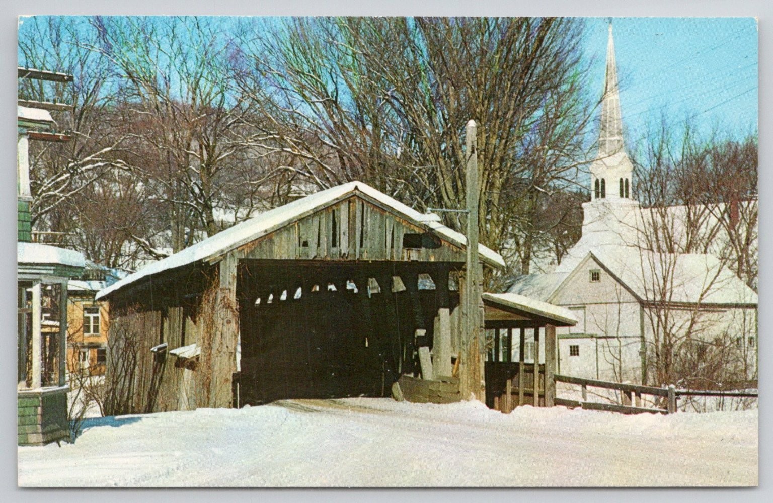 Waitsfield VT Old Covered Bridge & Church Winter Snow Chrome Postcard