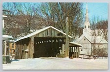 Waitsfield VT Old Covered Bridge & Church Winter Snow Chrome Postcard picture