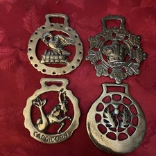 4 Vint British Horse Brasses- Capricorn Zodiac, Liver Bird, Thistle, Royal Crest picture