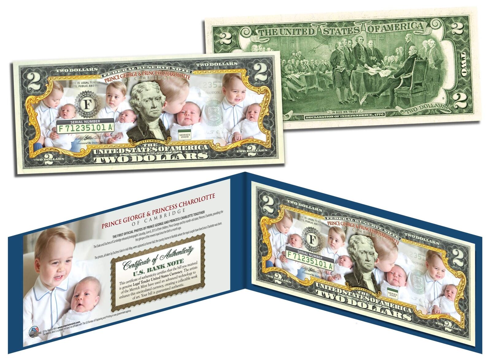 PRINCE GEORGE & PRINCESS CHARLOTTE of Cambridge Colorized U.S. $2 Bill Official