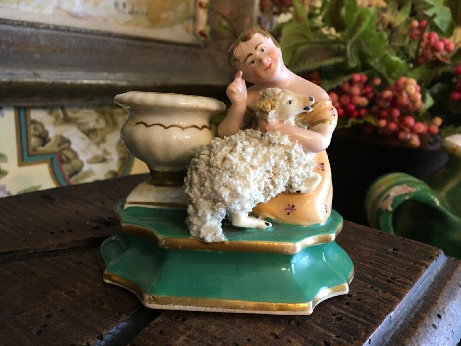 English Porcelain Inkwell Maiden with Lamb Rockingham Circa 1840-1860