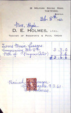1961 Piano & Organ Lesson Bill Receipt Thetford Norfolk UK Stamped DE Holmes picture