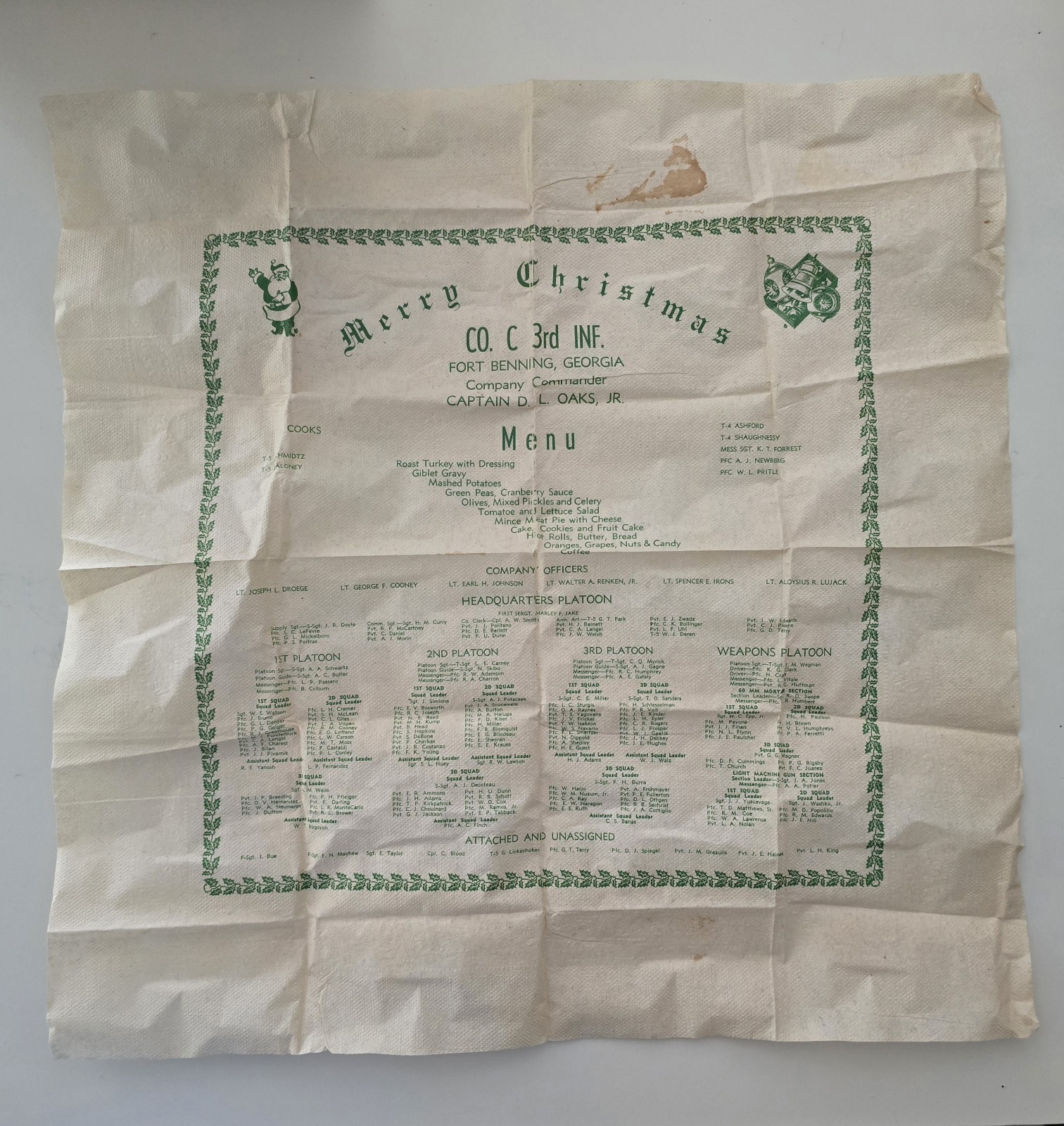 WWII Era Christmas Menu Paper Napkin ~ Ft Benning GA Co C 3rd Inf ~ Ultra Rare WWII Era Christmas Menu Paper Napkin ~ Ft Benning GA Co C 3rd Inf ~ Ultra Rare