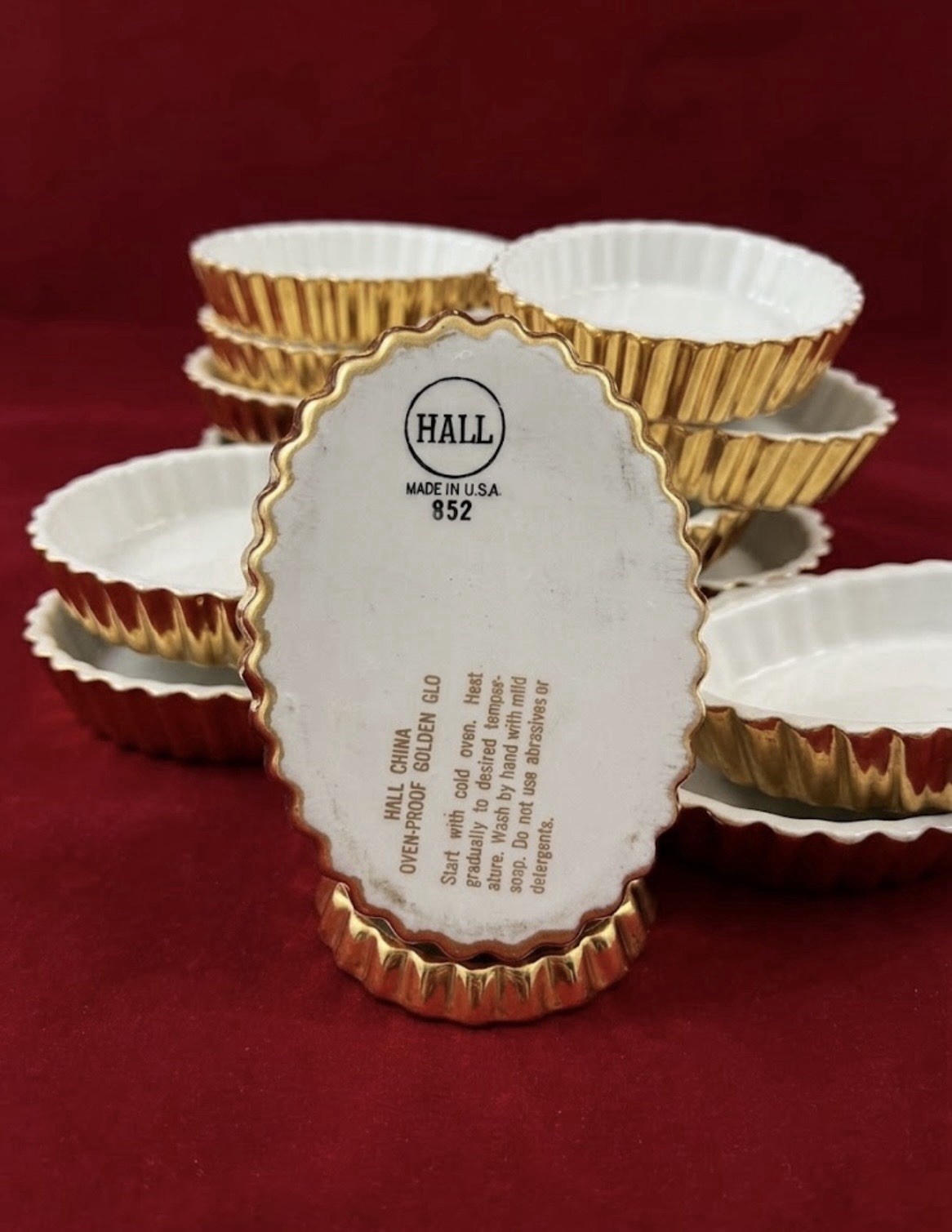 Vintage Hall China Golden Glo 852 Oval Fluted Ramekins Tart Dishes Set of 10 USA Vintage Hall China Golden Glo 852 Oval Fluted Ramekins Tart Dishes Set of 10 USA