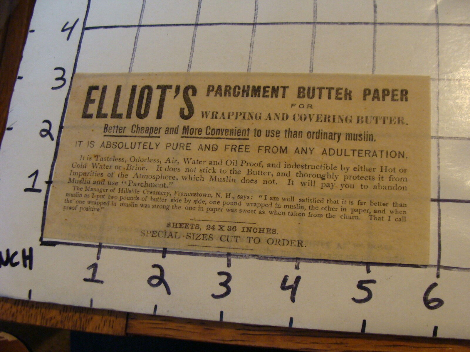 Original Vintage: ELLIOT'S PARCHMENT BUTTER PAPER, Rutland, VT, Moseley Stoddard