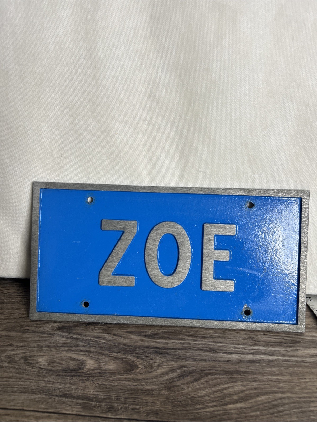 Vintage Aluminum Name Plaque – ZOE – Blue & Silver Vintage Aluminum Name Plaque – ZOE – Blue & Silver