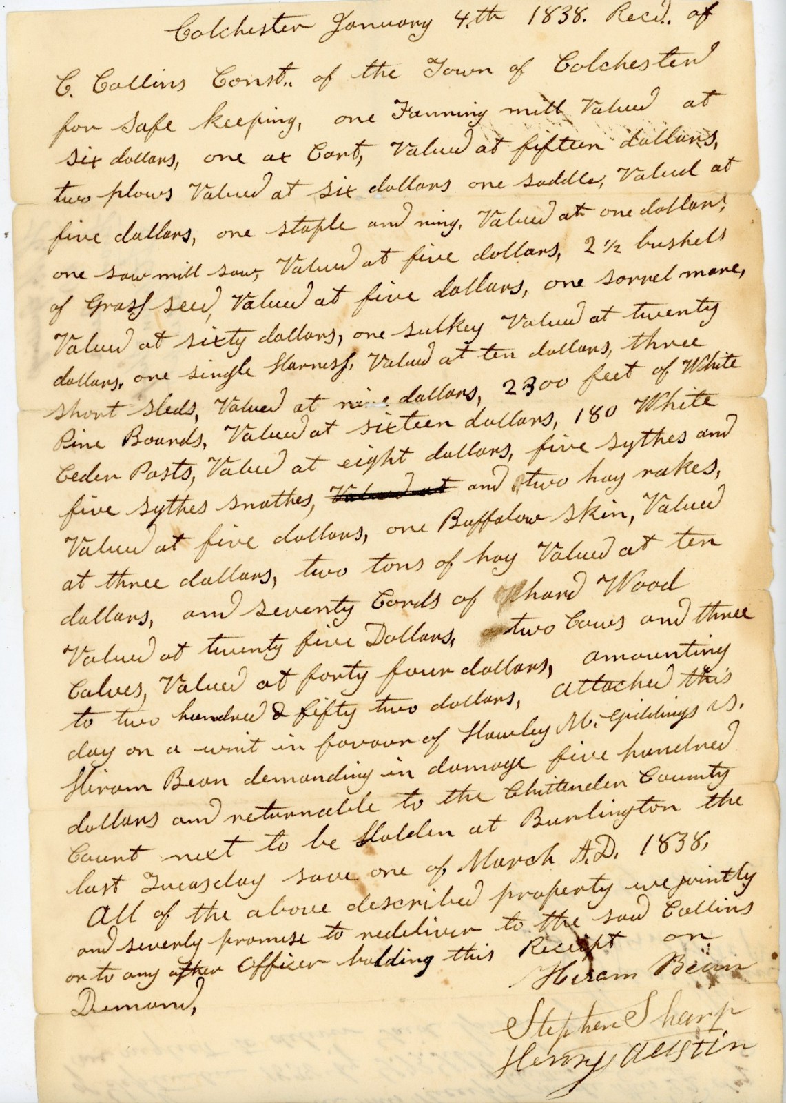 1838 Colchester VT Sheriff Property Receipt Attachment Chittenden County Law