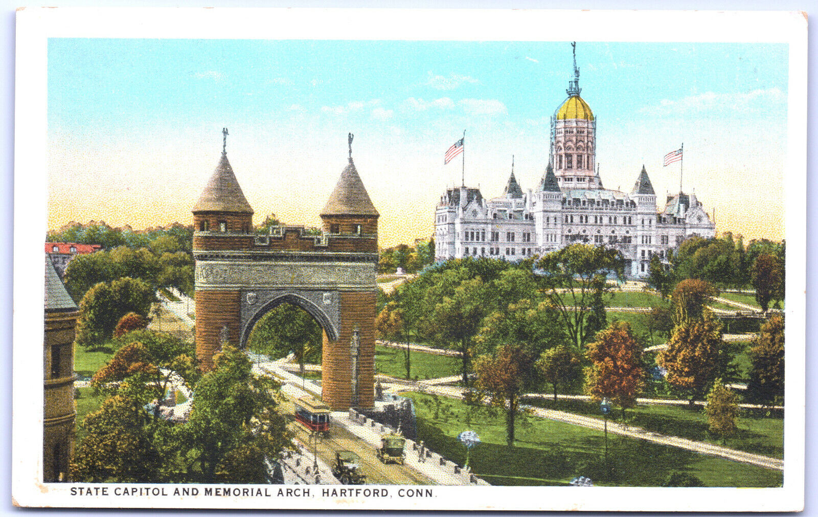 Postcard Connecticut Capitol & Mem Arch Hartford c1920s Trolley & Cars WB UNP G8