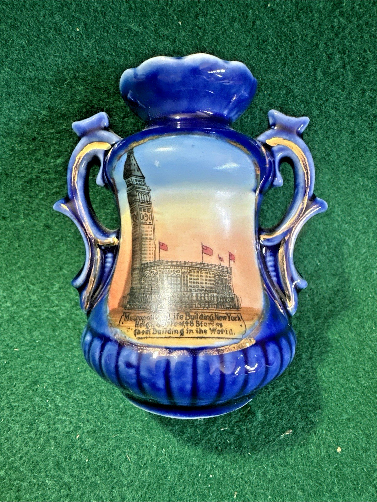Antique Dresden Cobalt Blue & Gilt Souvenir METROPOLITAN LIFE BLDG, NY -Wheelock