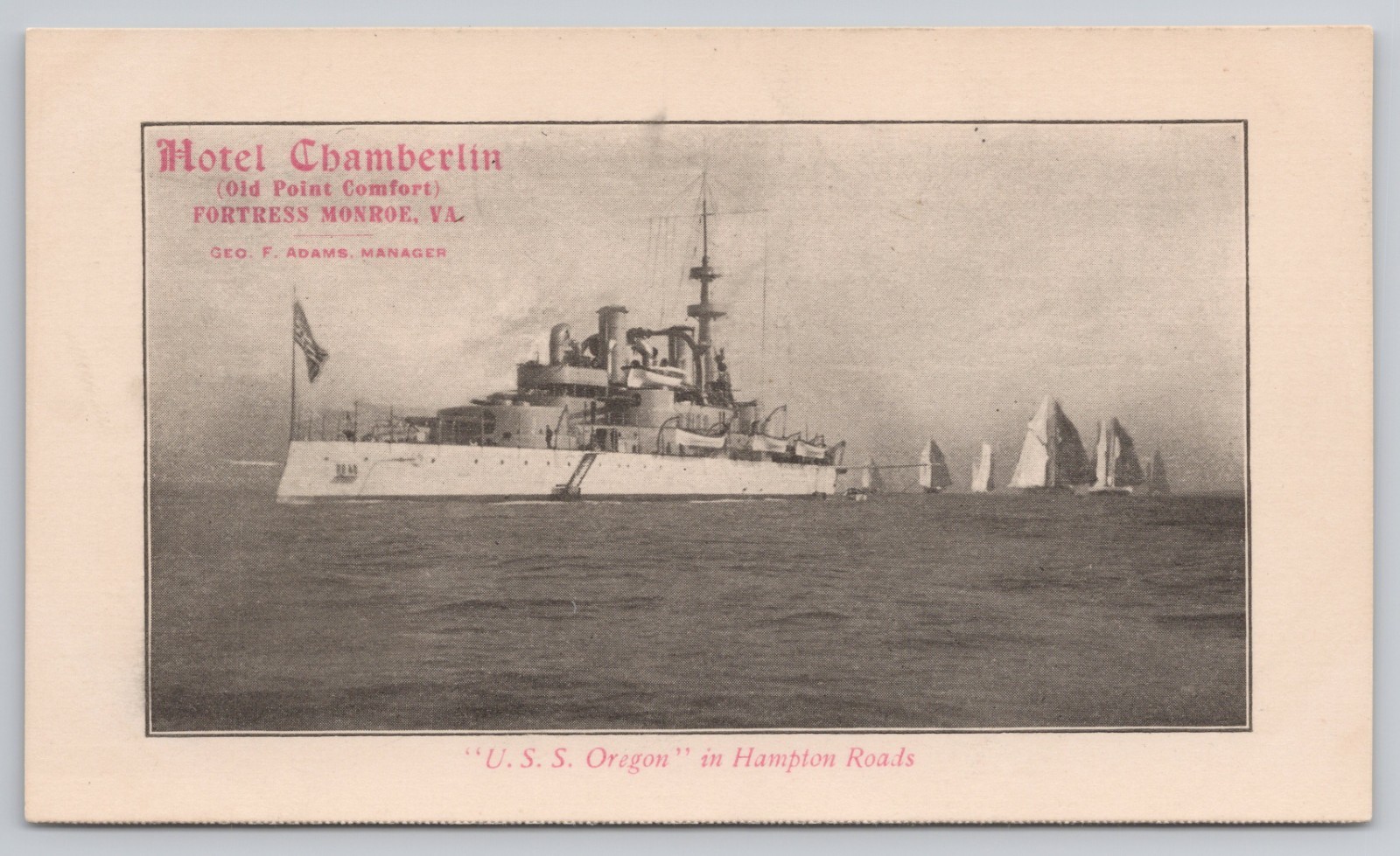 Hotel Chamberlin, Fortress Monroe, VA, USS Oregon in Hampton Roads, Ad A14109