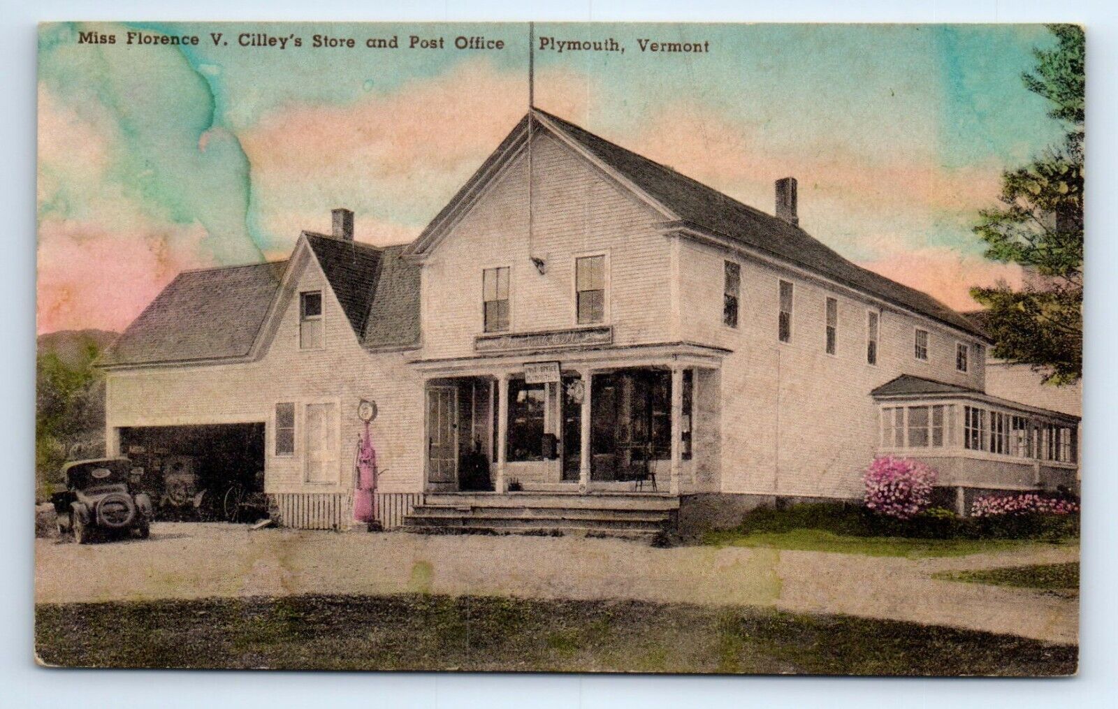 Florence Cilley's Store Birthplace President Coolidge Handcolored Postcard c1930