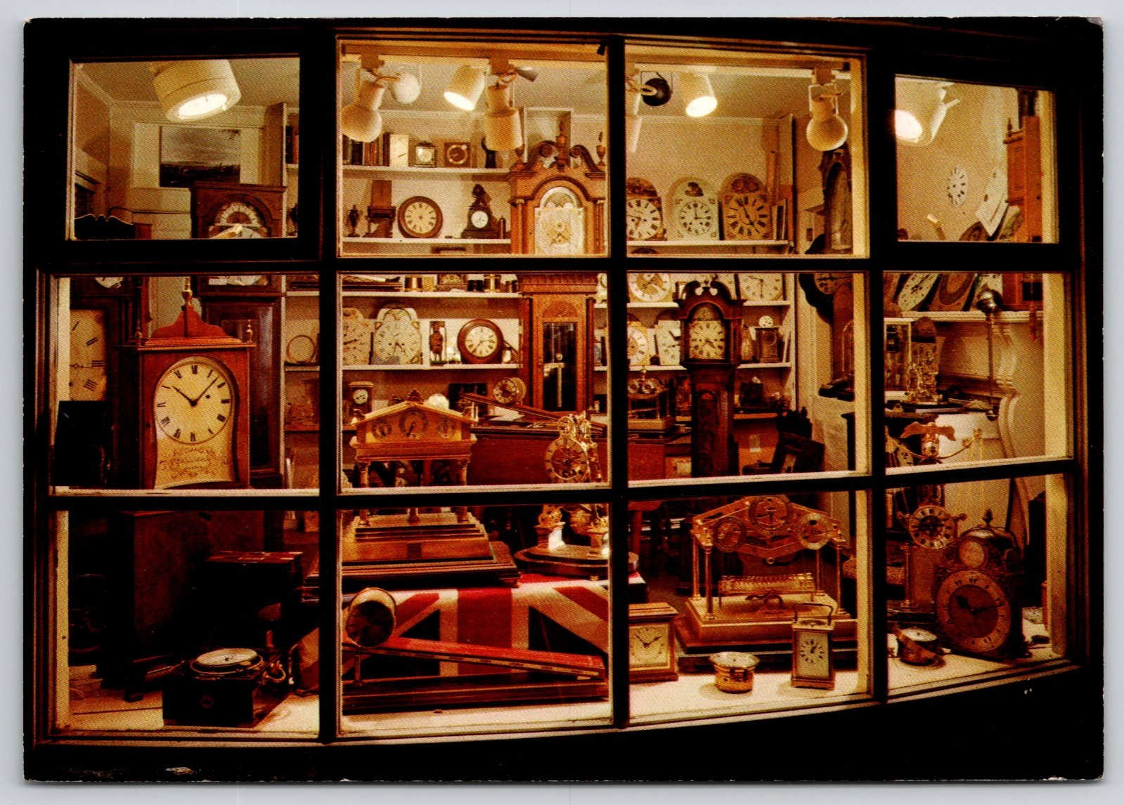 British Clockmaker Display Shop Window View Newfane VT Ad Postcard UNP 4x6