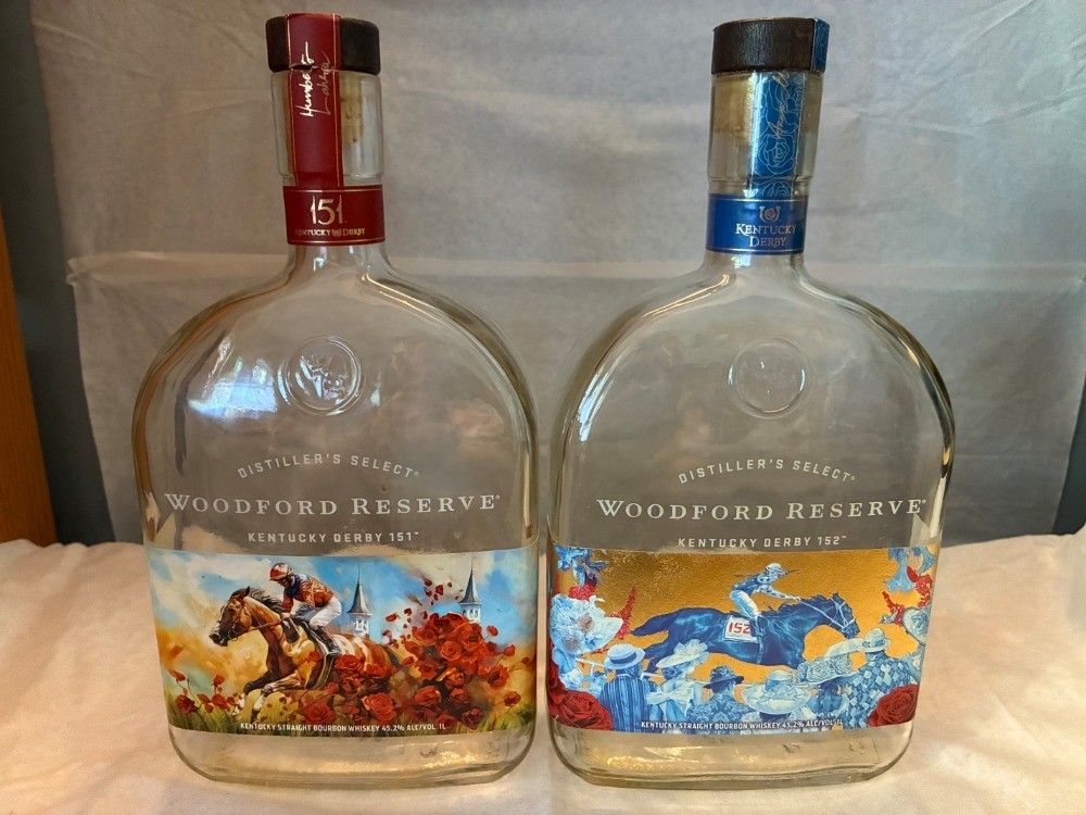 Woodford Reserve Kentucky Derby 151 and 152 empty Bourbon bottle 1 liter Woodford Reserve Kentucky Derby 151 and 152 empty Bourbon bottle 1 liter