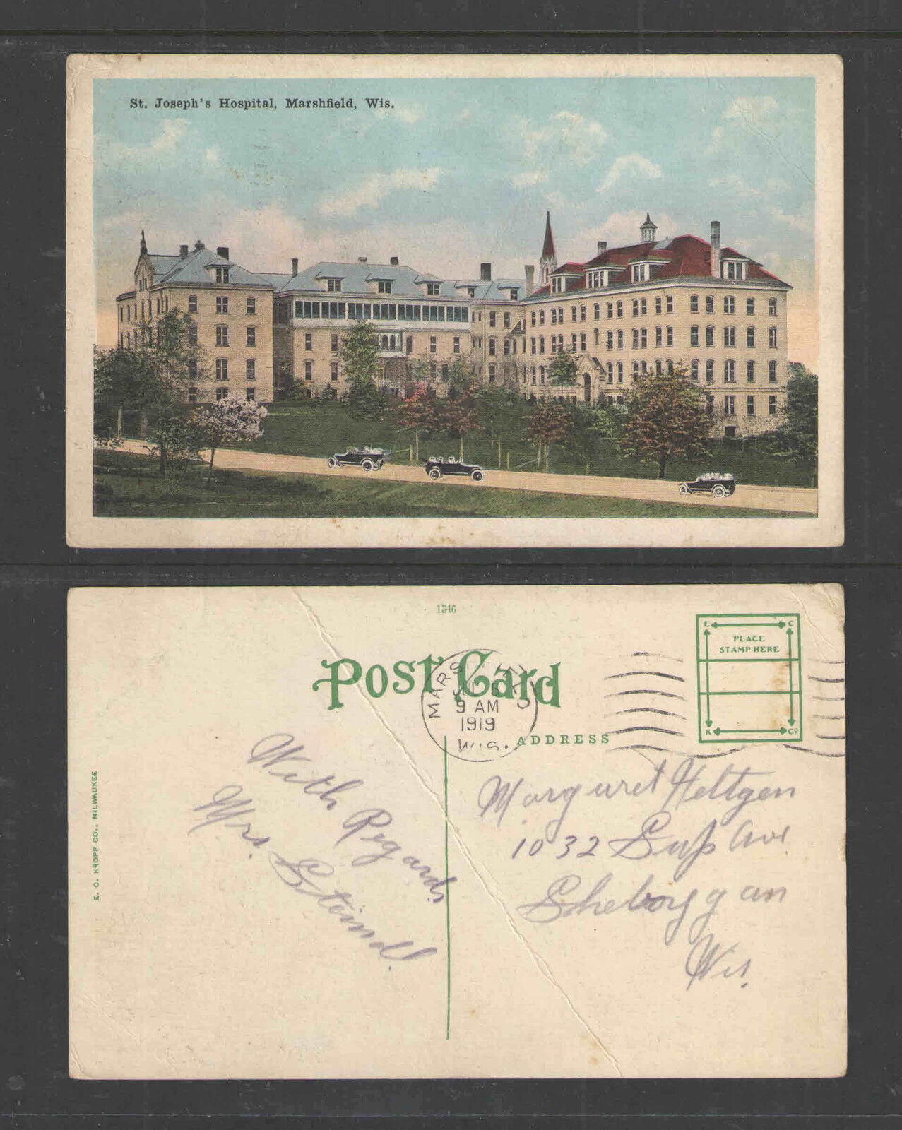 1919 ST JOSEPH\'S HOSPITAL MARSHFIELD WIS POSTCARD  No Postage Stamp