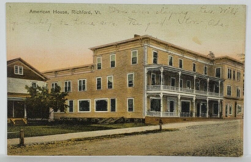 Richford Vermont American House 1907 to Wollaston Mass Postcard R20