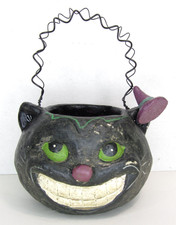 RARE Folk Art Black Cat Chester Face Halloween Bucket Pail Ceramic Witch Hat Vtg picture