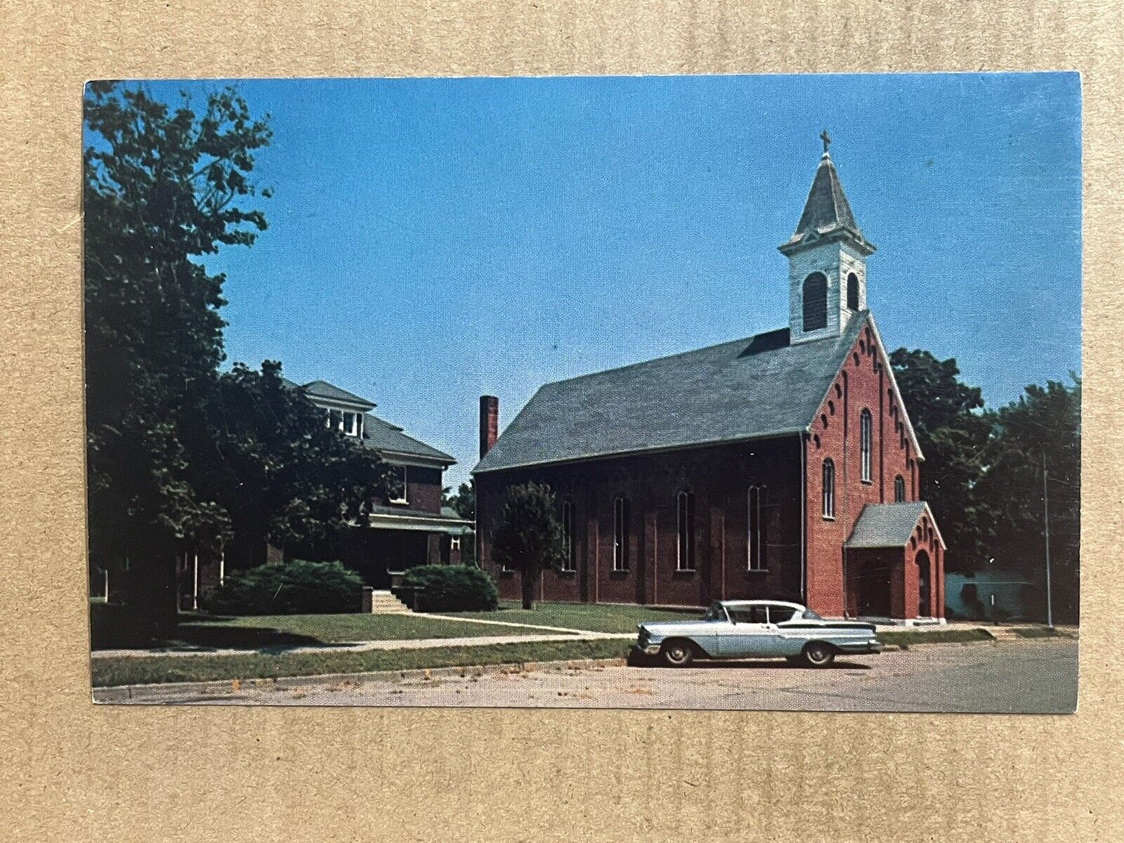 Postcard Pittsfield IL Illinois Immaculate Conception Catholic Church Old Car