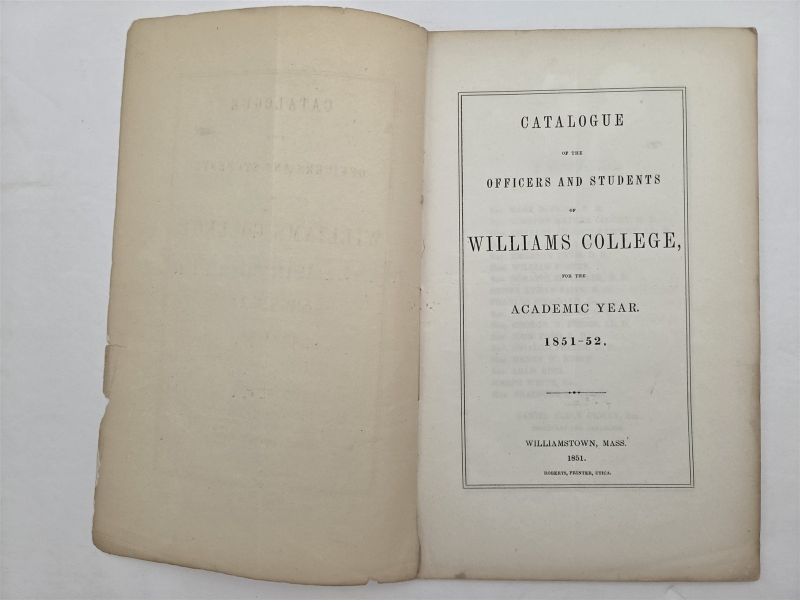 1851 antique WILLIAMS COLLEGE williamstown ma STUDENTS FACULTY CATALOG history