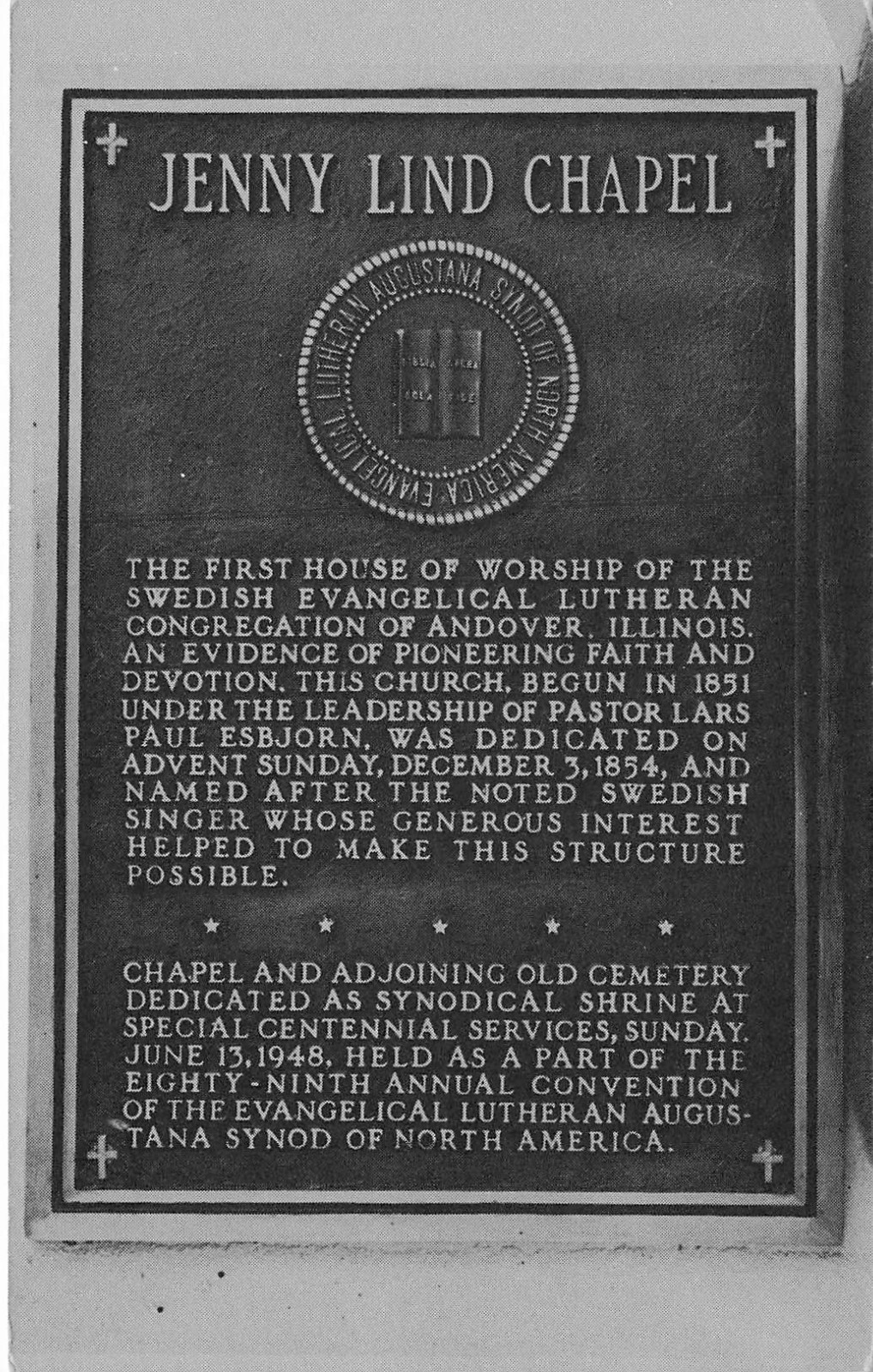 Andover Illinois Jenny Lind Chapel Dedication Plaque Henry County IL Postcard Andover Illinois Jenny Lind Chapel Dedication Plaque Henry County IL Postcard