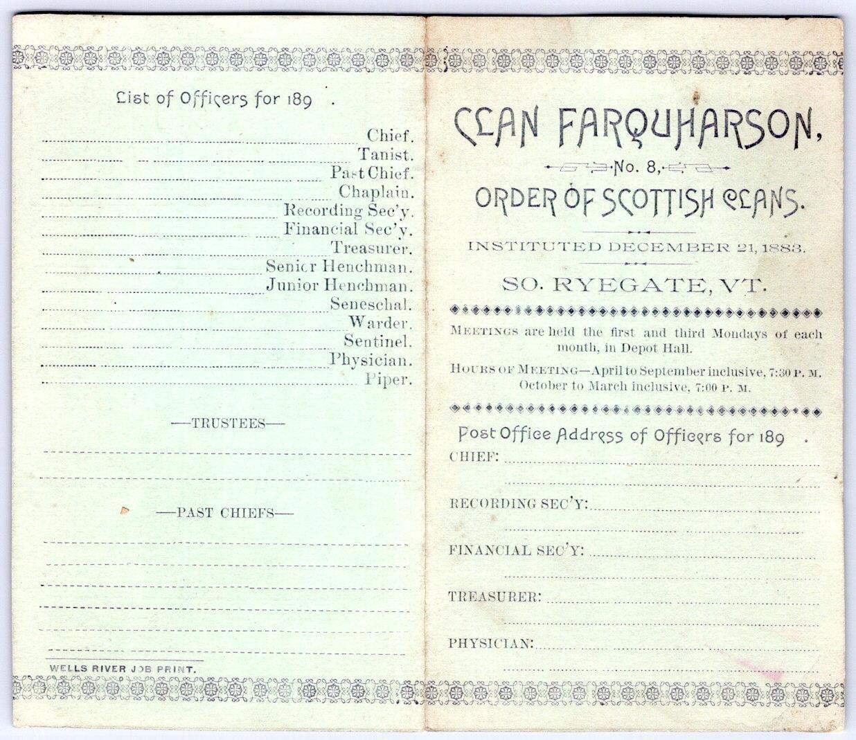 1890's SOUTH RYEGATE VERMONT CLAN FARQUHARSON #8 SCOTTISH FOLDER TRADE CARD