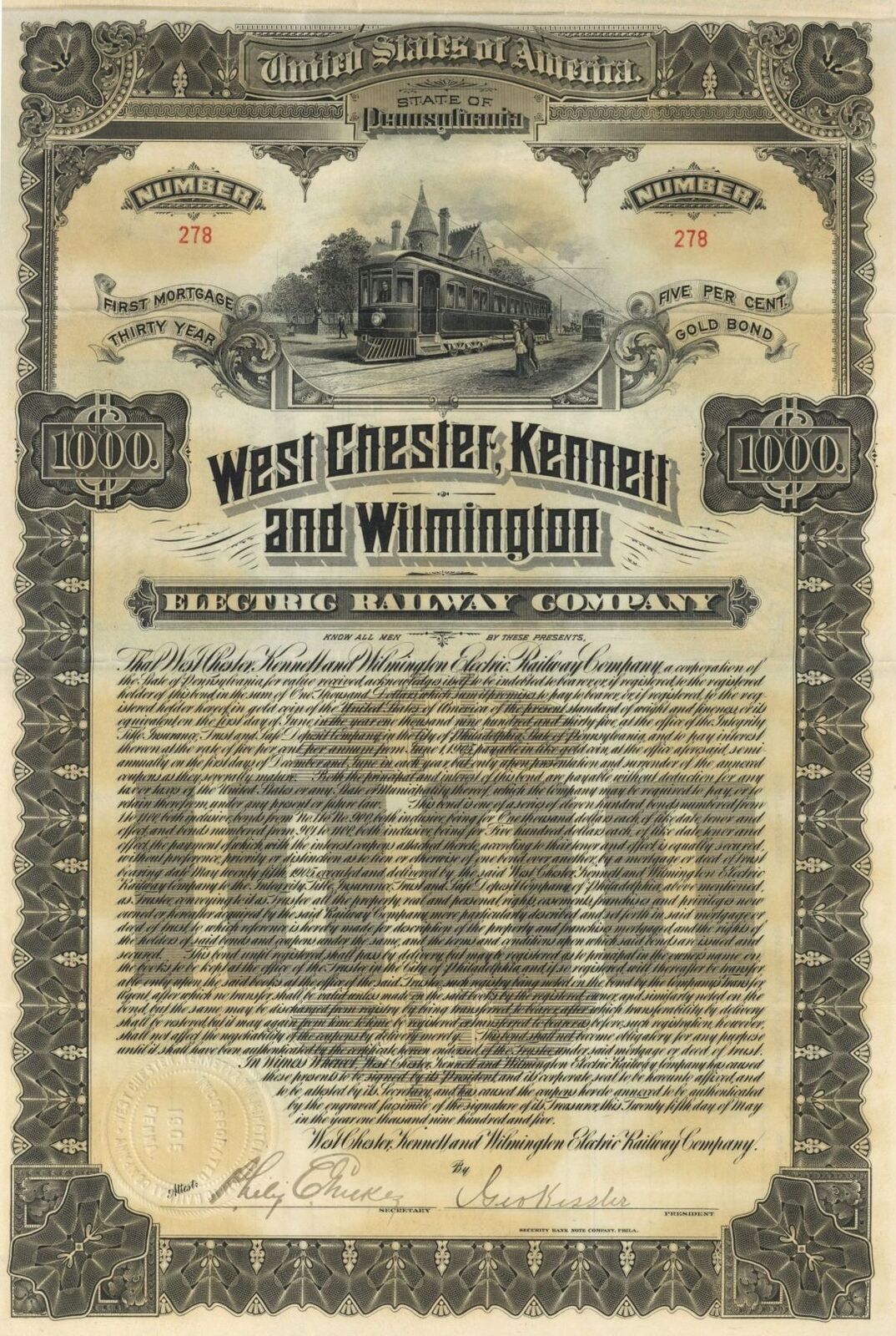 West Chester, Kennett and Wilmington Electric Railway Co. - 1905 dated $1000 Rai