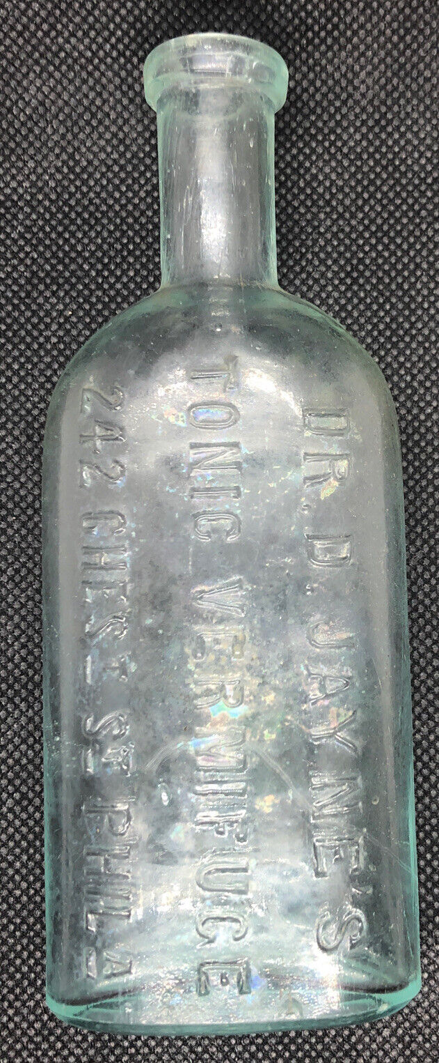 Antique 1890s Dr.D. Jaynes Tonic Vermifuge 242 Chest St. Phila - Opalescent Aqua
