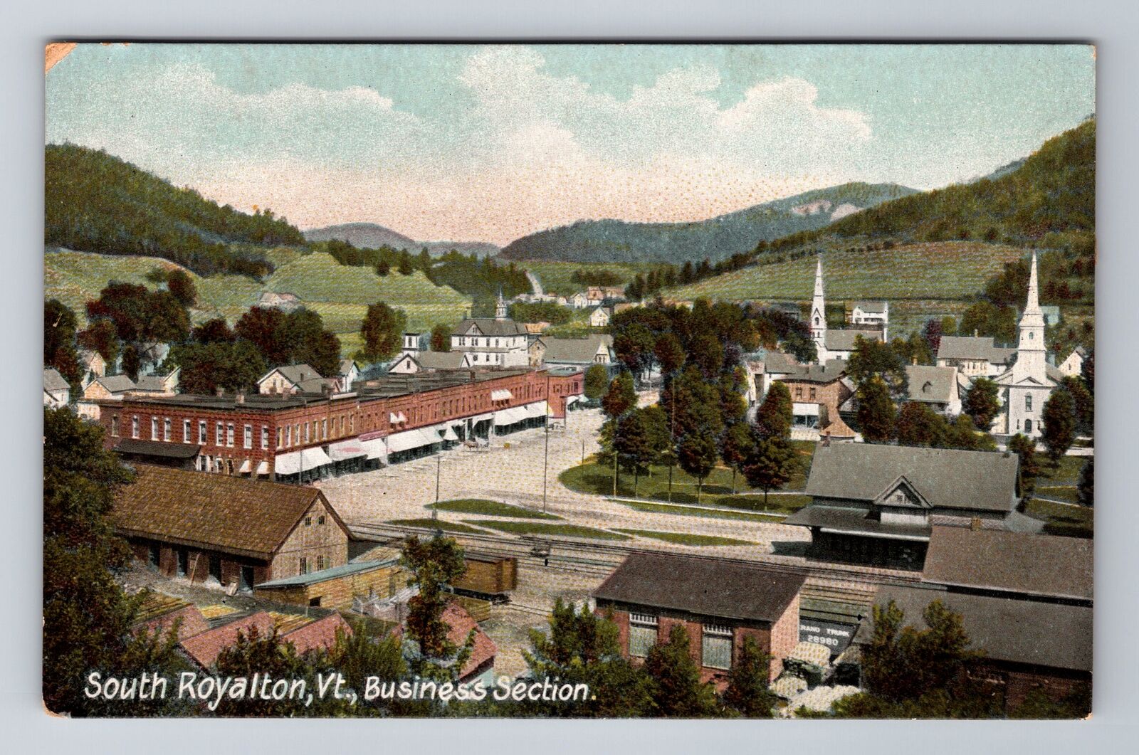 South Royalton VT-Vermont, Business Section, Aerial, Antique, Vintage Postcard