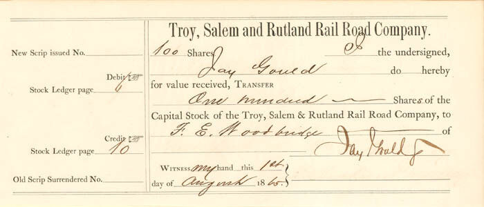 Troy, Salem and Rutland Rail Road Co. signed by Jay Gould - Autographed Stocks &