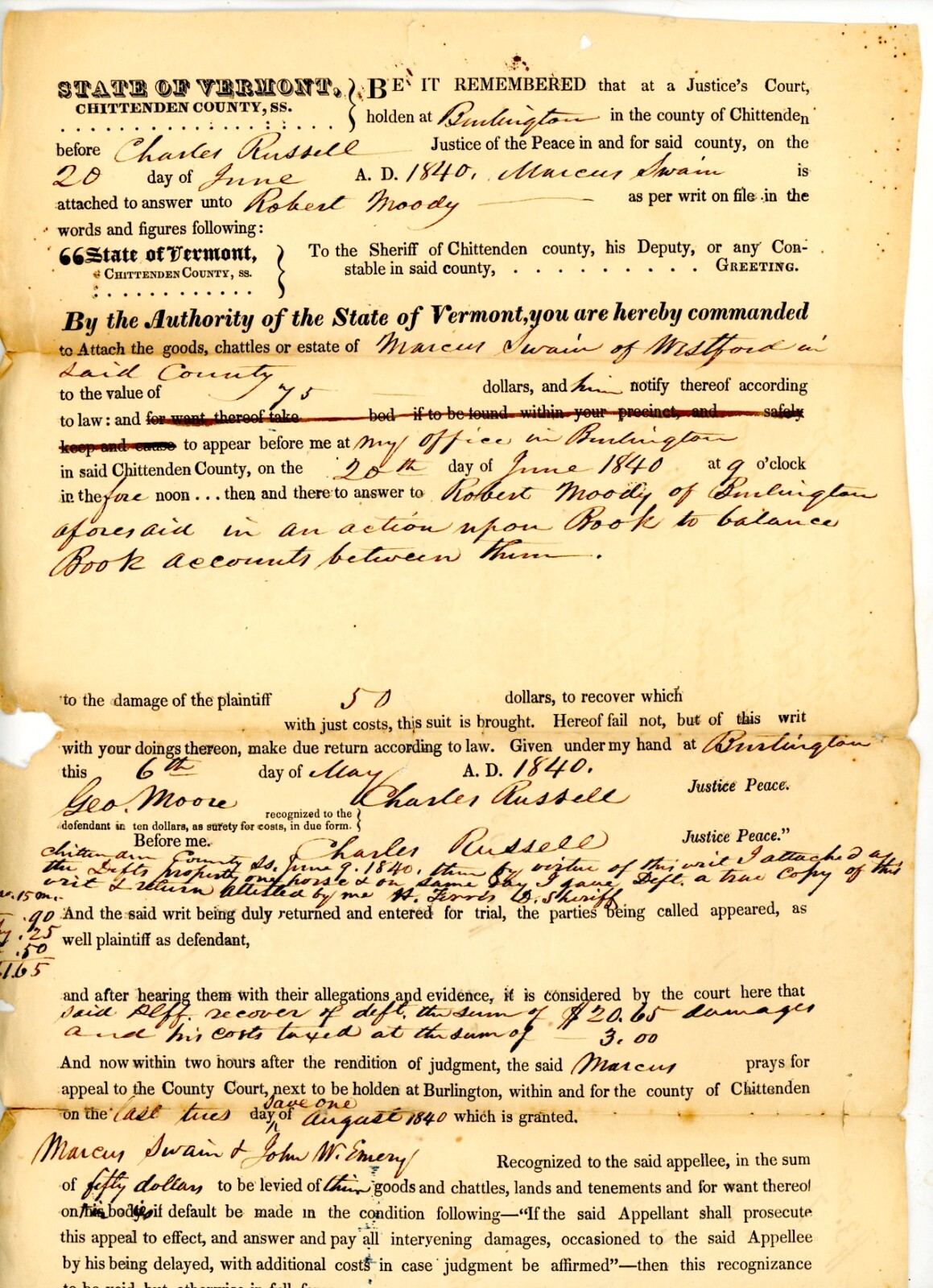 1840 Handwritten Court Documents Robert Moody Marcus Swain Chittenden VT Antique 1840 Handwritten Court Documents Robert Moody Marcus Swain Chittenden VT Antique