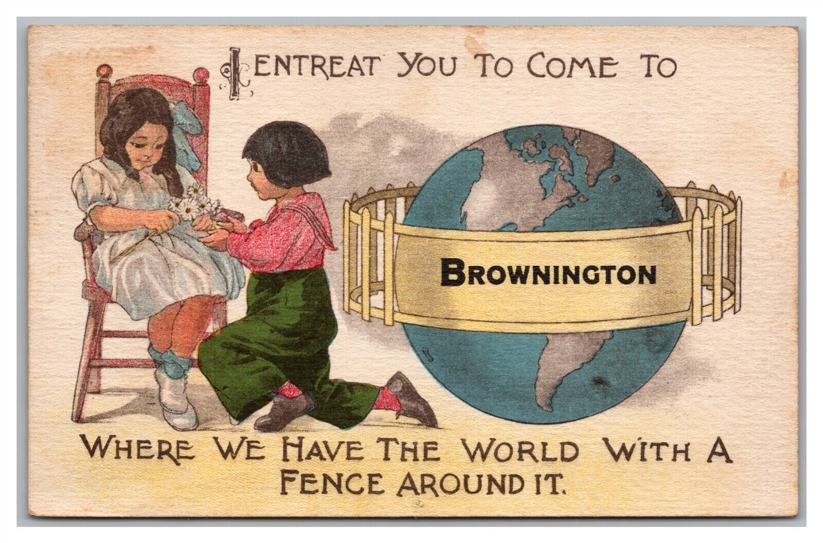 Postcard MO Brownington Missouri Children Greetings Globe c1910s P22