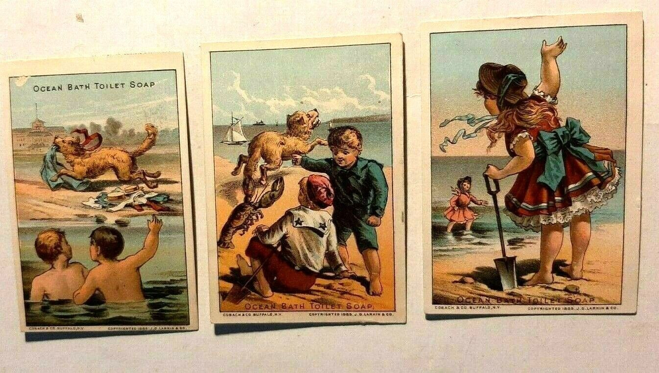 Lot of 3 Larkin Soap Company Trade Cards - children at beach 