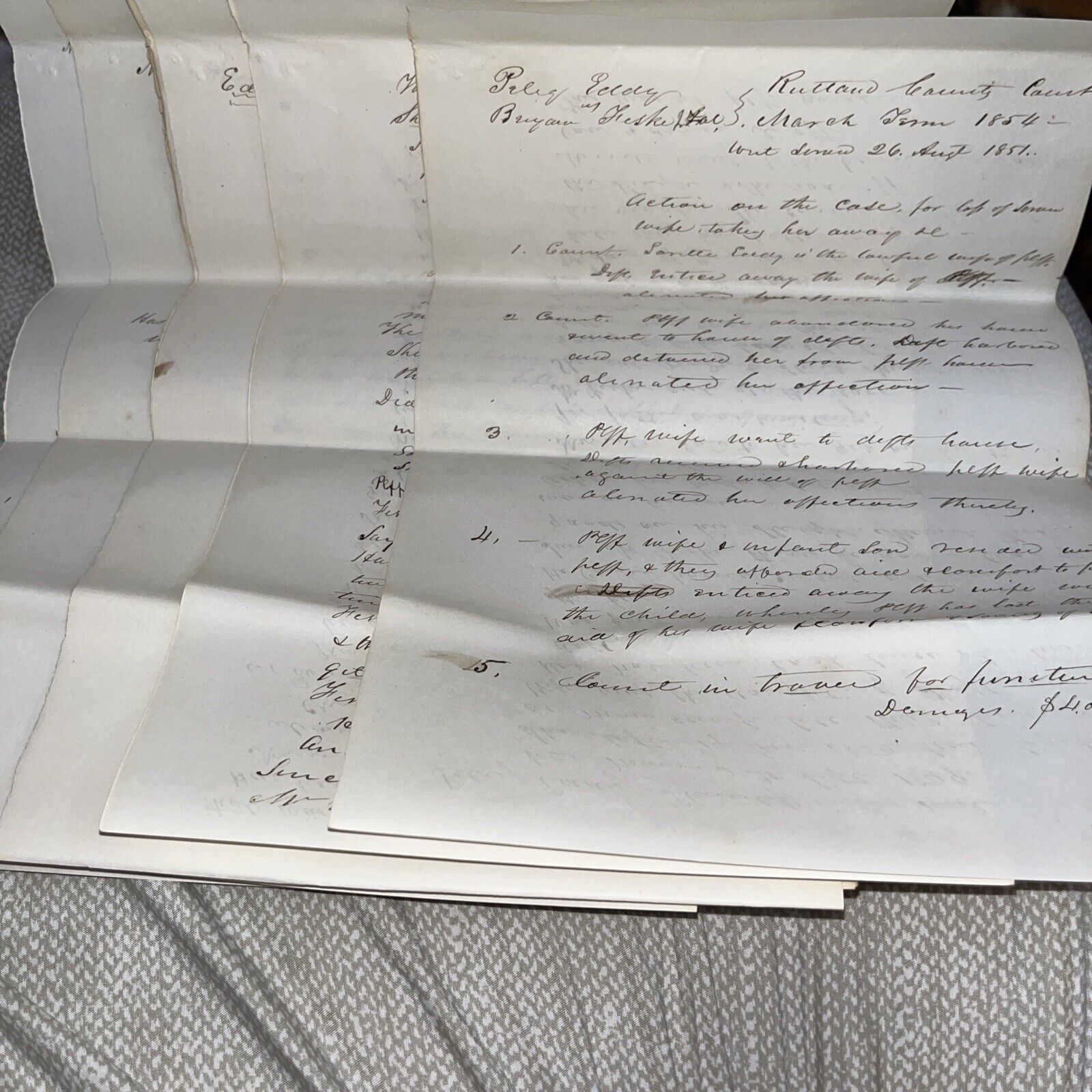 1854 Lawsuit Documents: Peleg Eddy v Fiske Rutland VT Wife Abandonment Genealogy